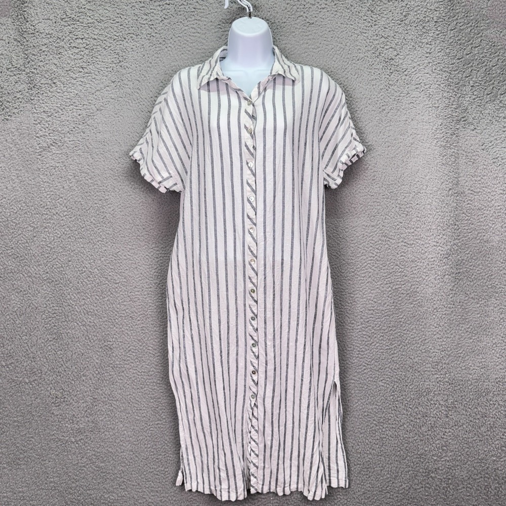 Lucky Brand Shirt Dress Womens M Gray White Stripe Linen Viscose Blend Coastal